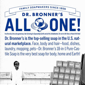 Dr. Bronner's recycled plastic bottle detail highlighting eco-friendly packaging