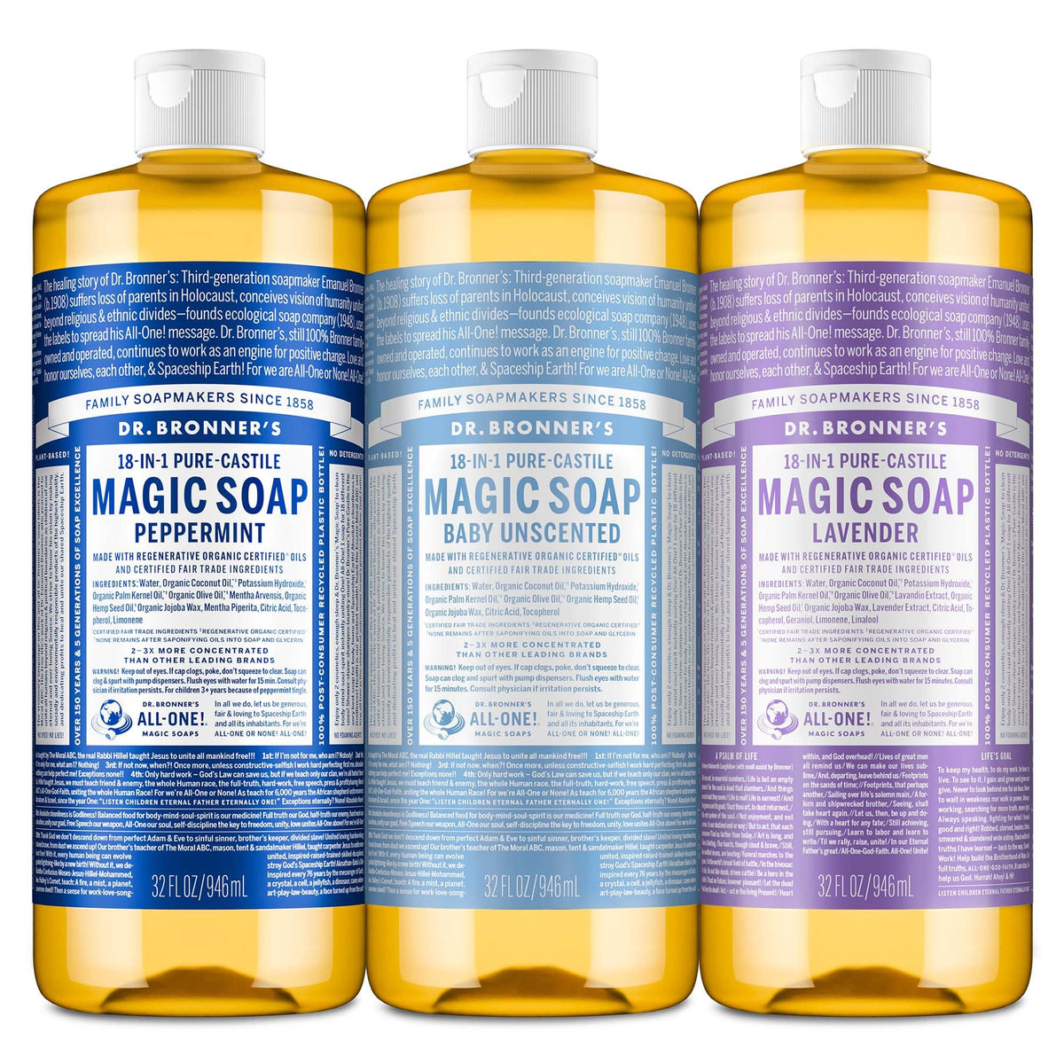 Dr. Bronner's front labels showing the variety three-pack and product benefits