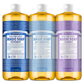 Dr. Bronner's front labels showing the variety three-pack and product benefits