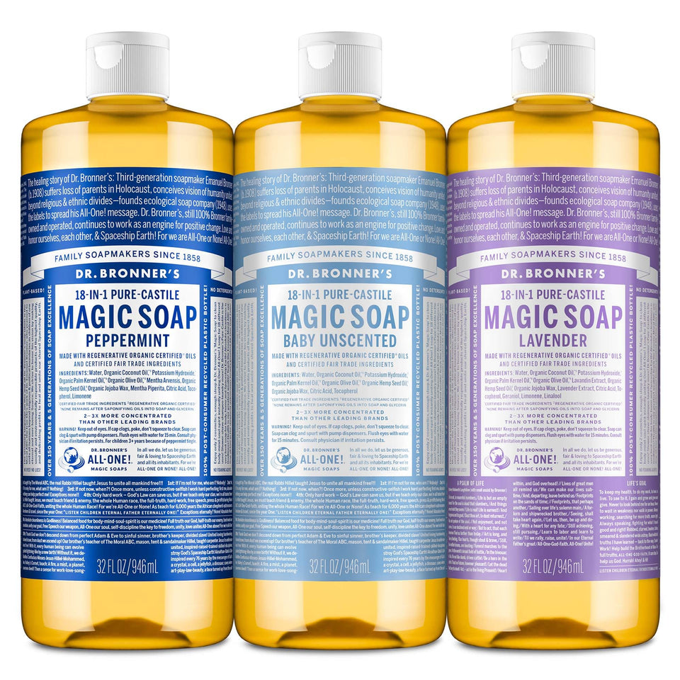 Dr. Bronner's front labels showing the variety three-pack and product benefits