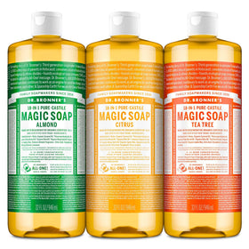 Dr. Bronner's three-bottle pack front view showing labels and scent variety benefit versatility