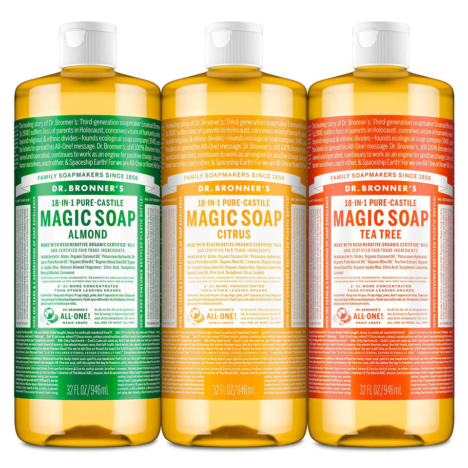 Dr. Bronner's three-bottle pack front view showing labels and scent variety benefit versatility