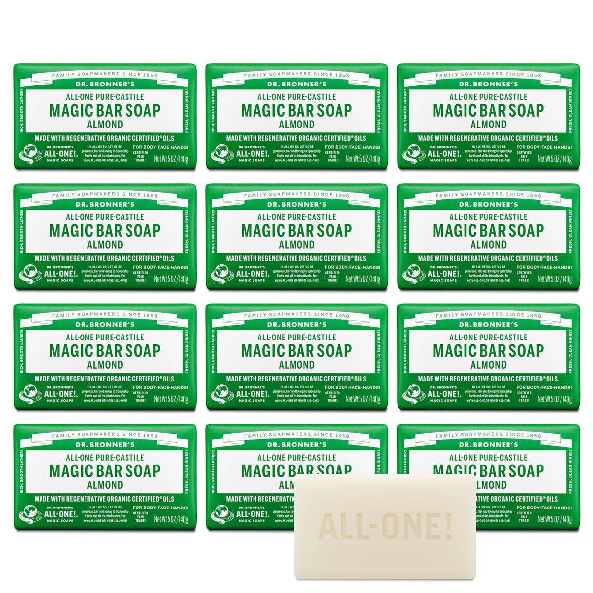 Dr. Bronner's almond bar front packaging showing labeling and benefits