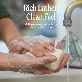 Dr. Bronner's bar held in hand to show scale and travel-friendly convenience