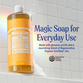 Dr. Bronner's Almond bottle close-up highlighting organic label and gentle skincare benefit
