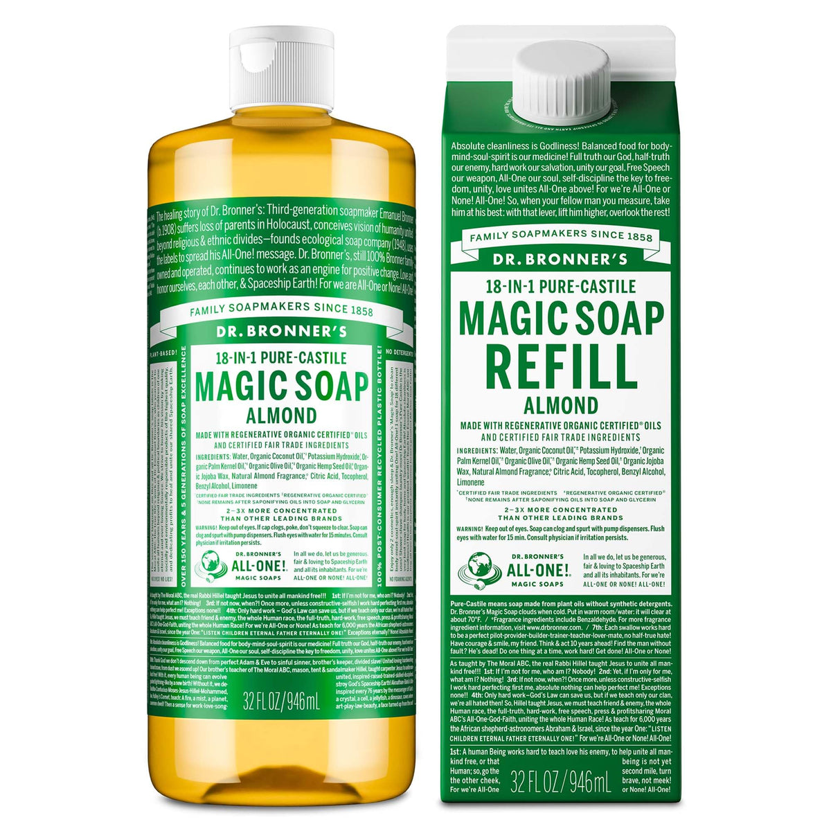Dr. Bronner's front bottle showing almond label and eco benefit