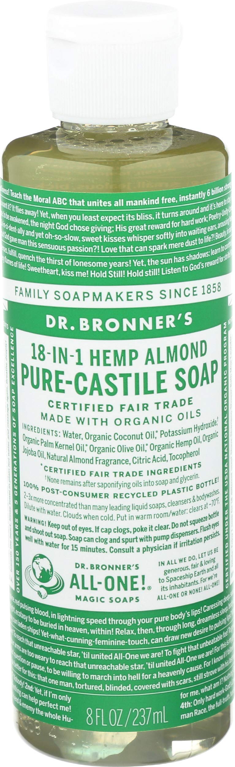 Dr. Bronner's front bottle showing almond label and organic benefit