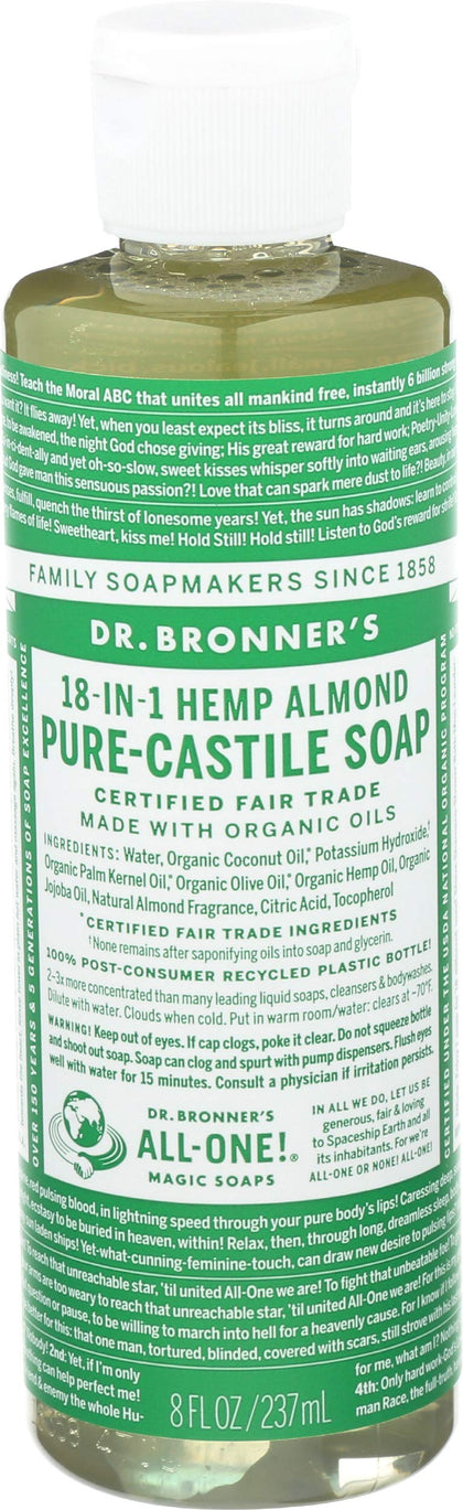 Dr. Bronner's front bottle showing almond label and organic benefit