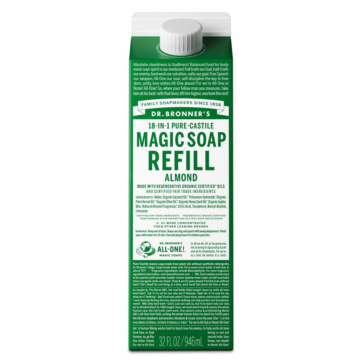 Dr. Bronner's almond front carton showing packaging and refill benefit
