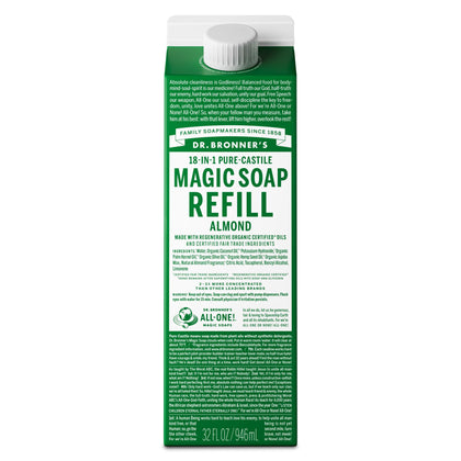 Dr. Bronner's almond front carton showing packaging and refill benefit