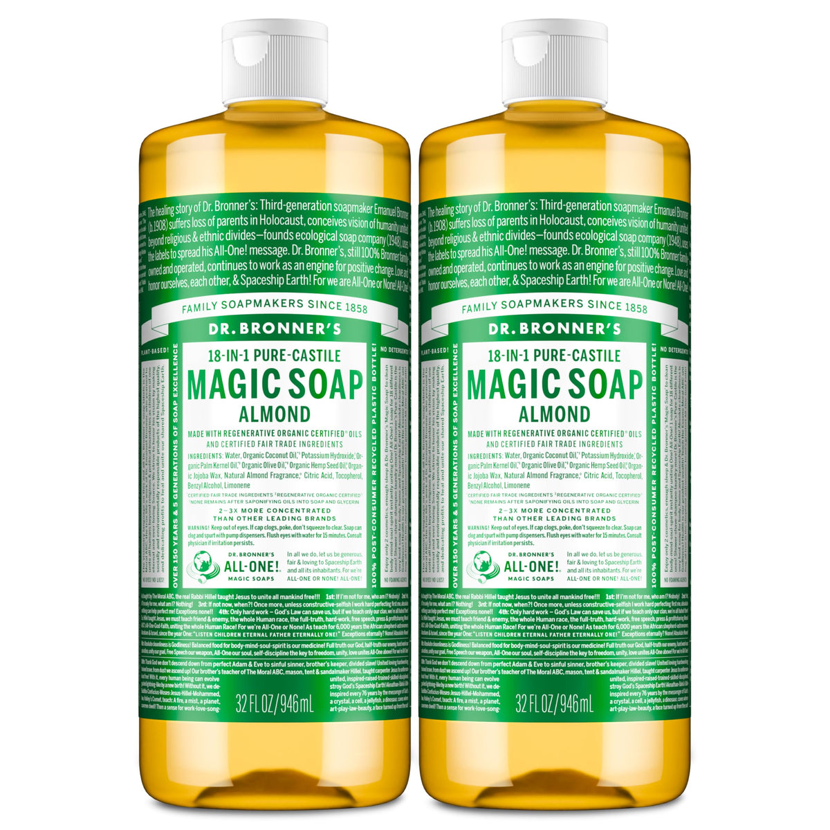 Dr. Bronner's almond front label showing product identity and concentrated benefit