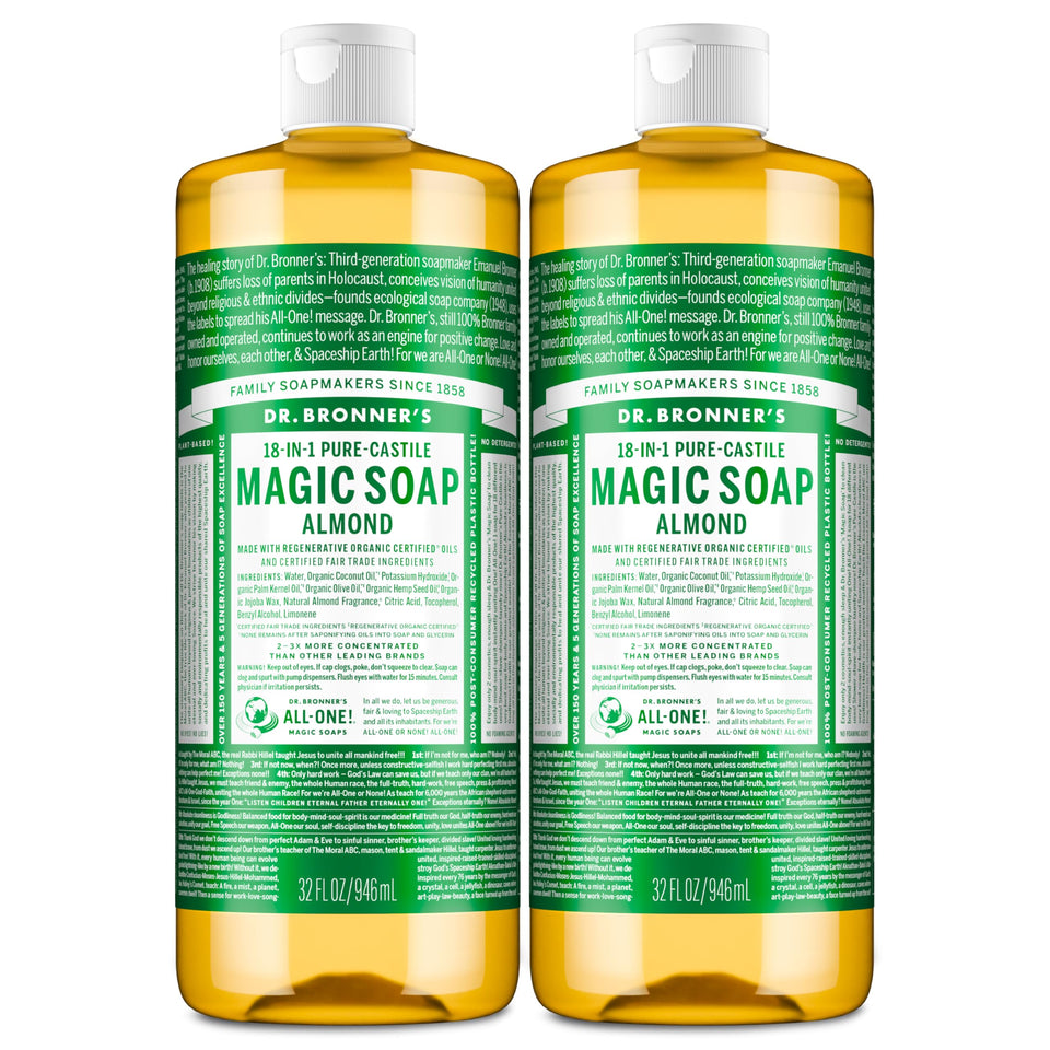 Dr. Bronner's almond front label showing product identity and concentrated benefit