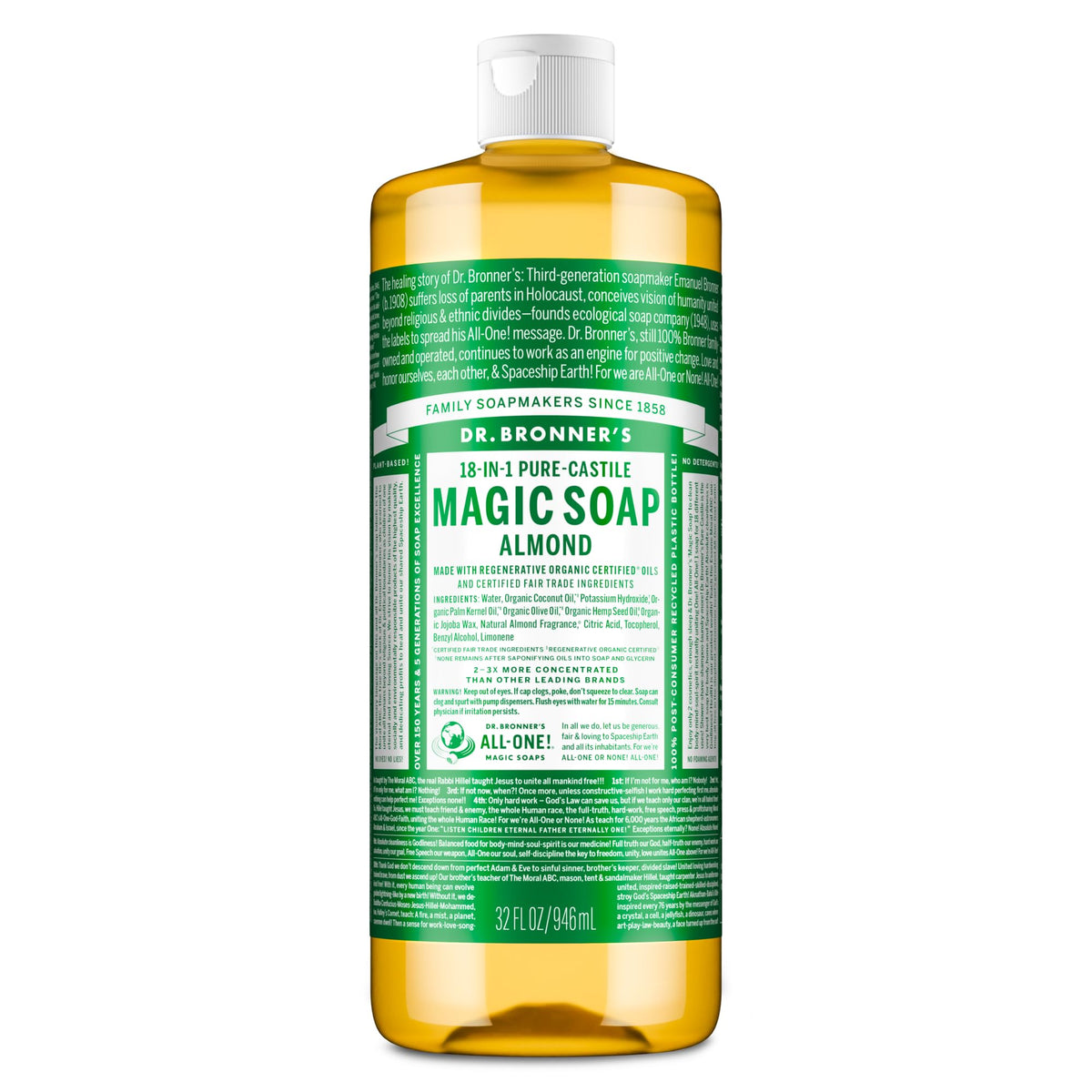Dr. Bronner's almond bottle front label showing product identity and benefits