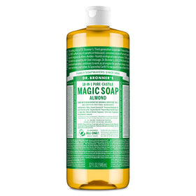 Dr. Bronner's almond bottle front label showing product identity and benefits