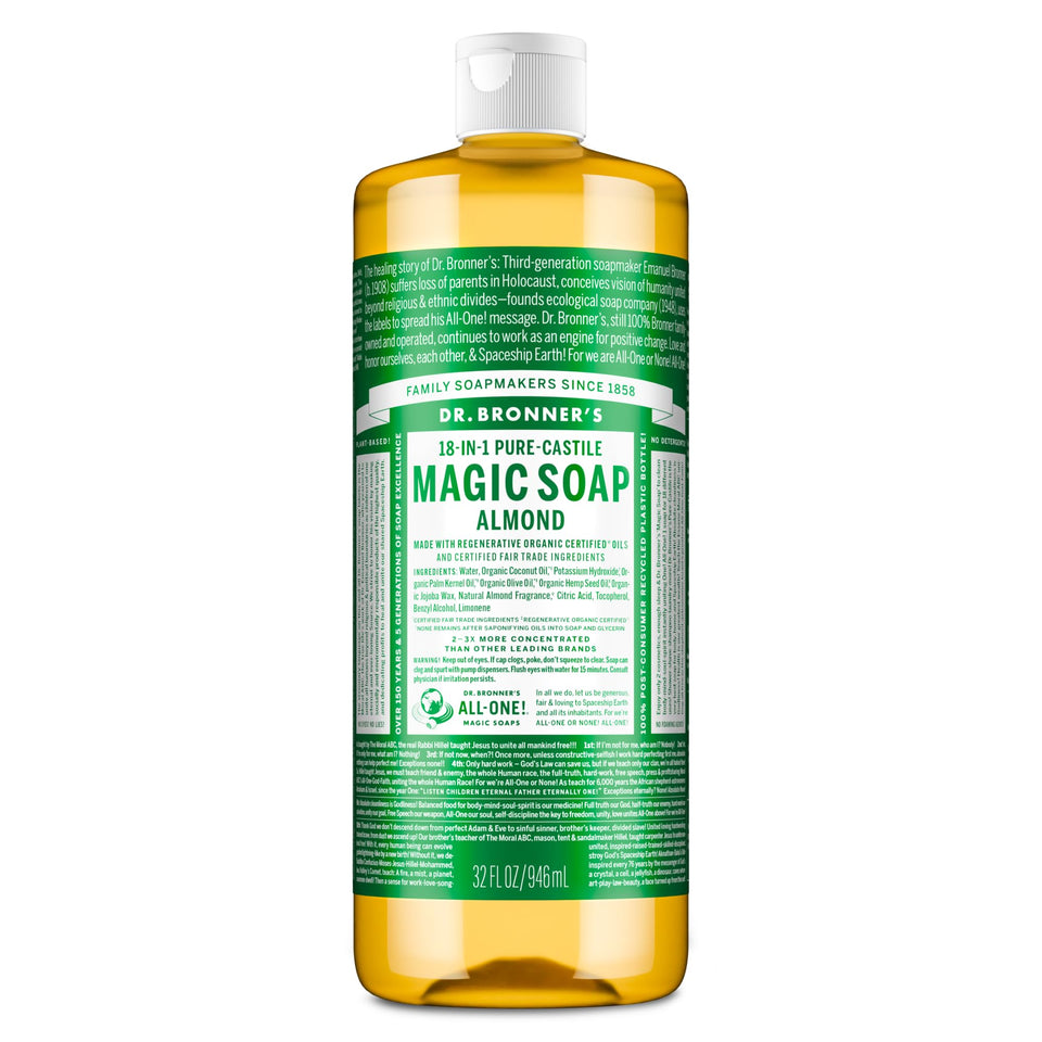 Dr. Bronner's almond bottle front label showing product identity and benefits