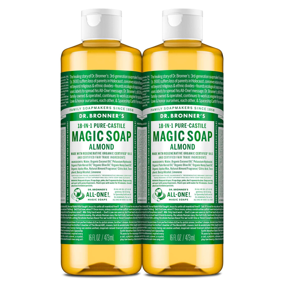 Dr. Bronner's almond front packaging showing label and 16oz bottle, clear product identity and natural clean