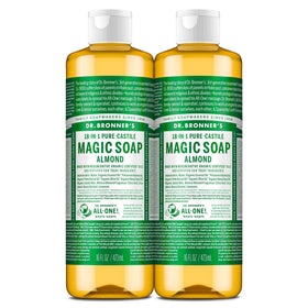 Dr. Bronner's almond front packaging showing label and 16oz bottle, clear product identity and natural clean