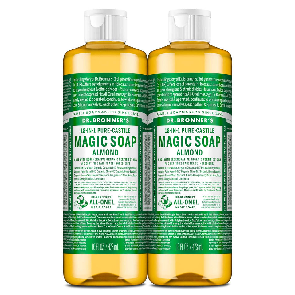 Dr. Bronner's almond front packaging showing label and 16oz bottle, clear product identity and natural clean