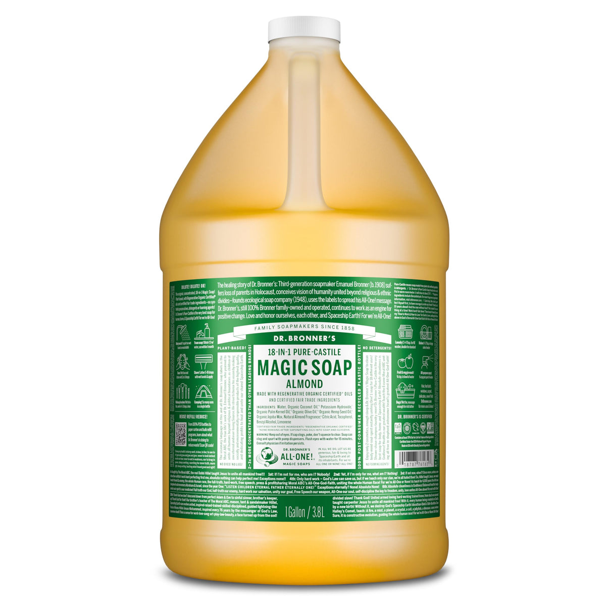 Dr. Bronner's almond gallon front label shows product and benefits