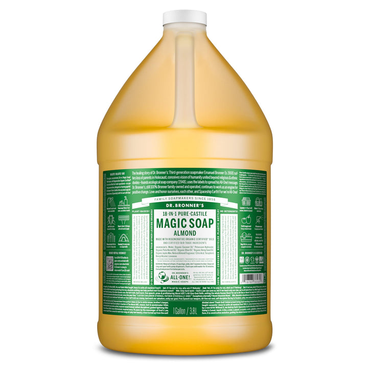 Dr. Bronner's almond gallon front label shows product and benefits