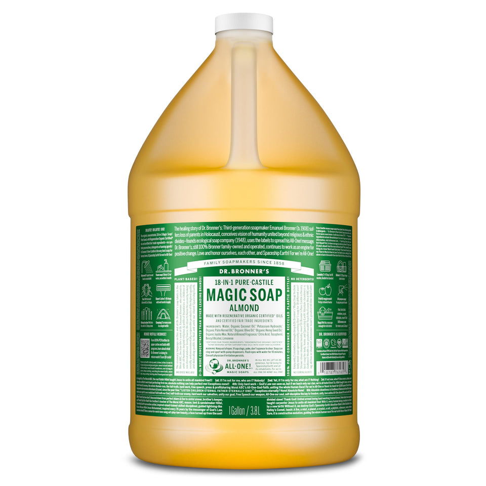 Dr. Bronner's almond gallon front label shows product and benefits