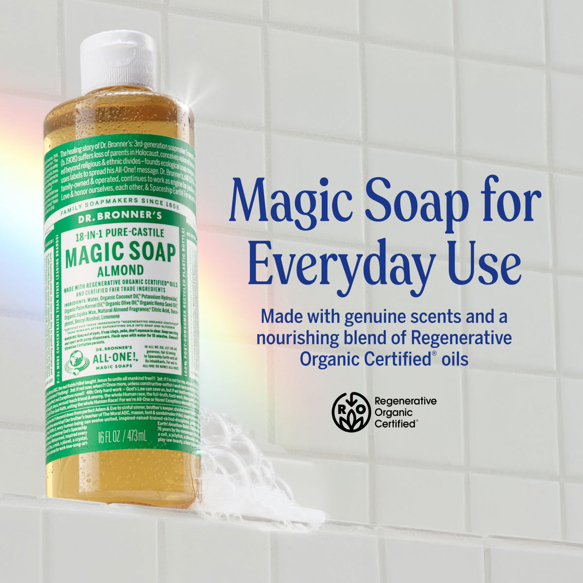 Dr. Bronner's almond label closeup highlighting regenerative organic certification