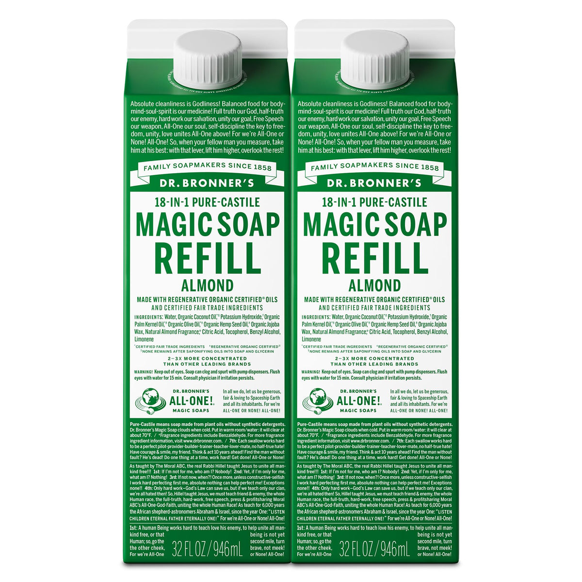 Dr. Bronner's almond liquid soap front packaging shows product benefits