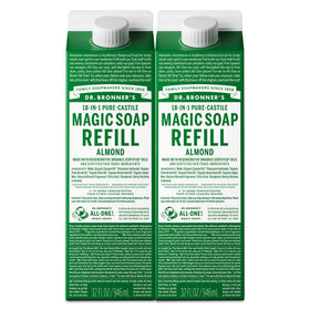Dr. Bronner's almond liquid soap front packaging shows product benefits