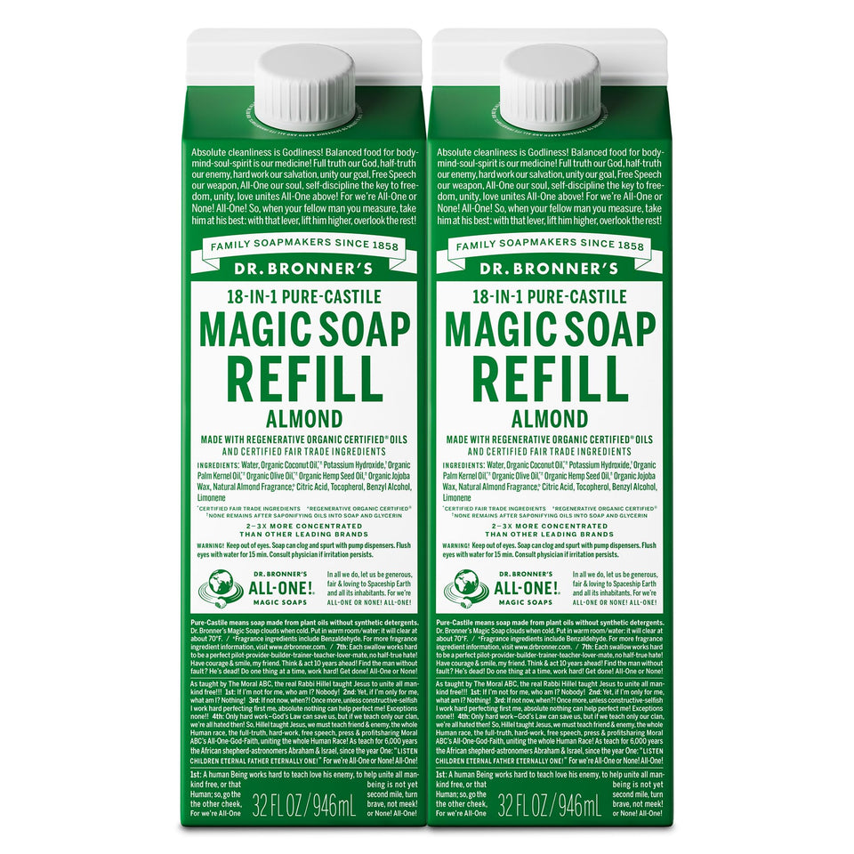 Dr. Bronner's almond liquid soap front packaging shows product benefits