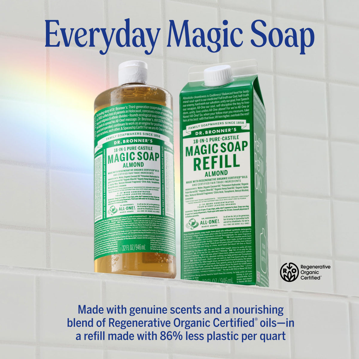 Dr. Bronner's poured foam on hand showing rich lather benefit