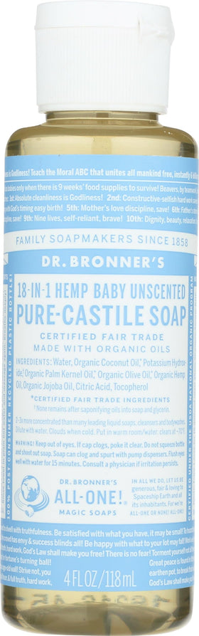 Dr. Bronner's front bottle view showing compact baby mild size and gentle cleansing