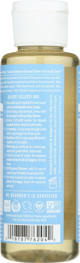 Dr. Bronner's label close-up showing ingredient and fair-trade details for transparency