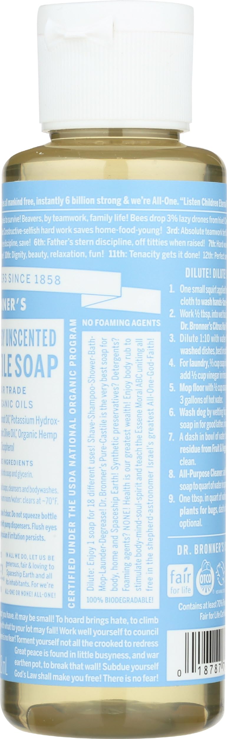 Dr. Bronner's recycled-bottle back showing 100% post-consumer recycled packaging