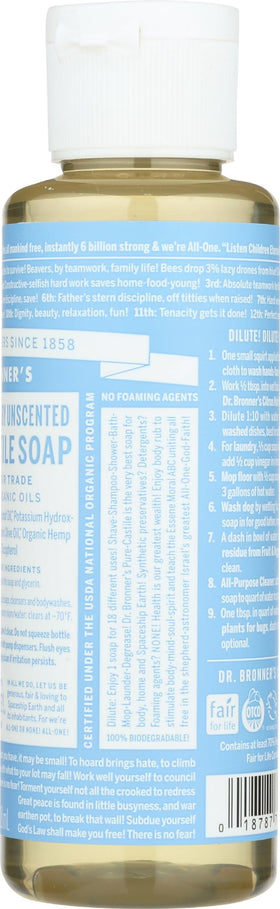 Dr. Bronner's recycled-bottle back showing 100% post-consumer recycled packaging