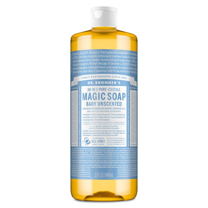 Dr. Bronner's bottle front label showing product name and size for clear identification and trust