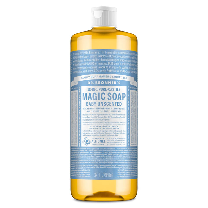 Dr. Bronner's bottle front label showing product name and size for clear identification and trust