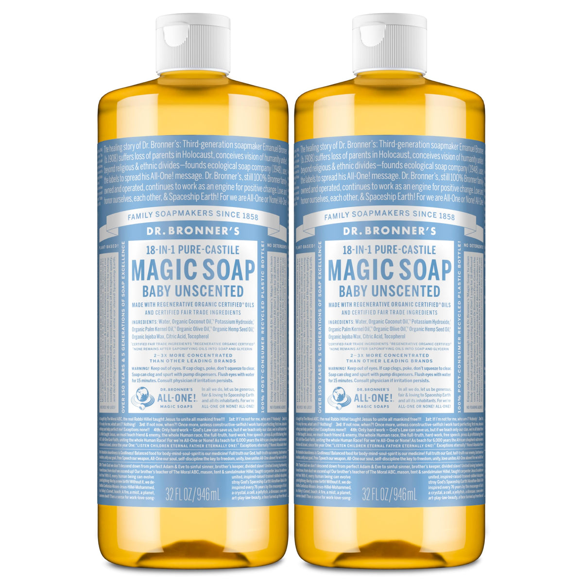 Dr. Bronner's front packaging showing unscented baby soap and benefits