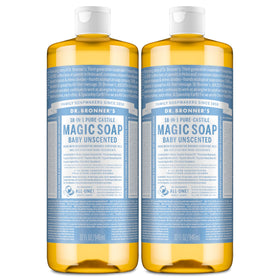 Dr. Bronner's front packaging showing unscented baby soap and benefits