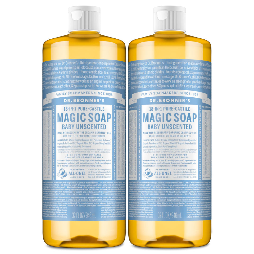 Dr. Bronner's front packaging showing unscented baby soap and benefits