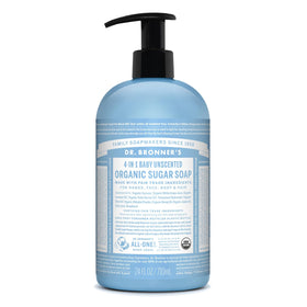 Dr. Bronner's bottle front packaging shows unscented label and 24 oz size benefit