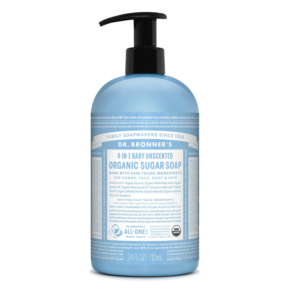 Dr. Bronner's bottle front packaging shows unscented label and 24 oz size benefit