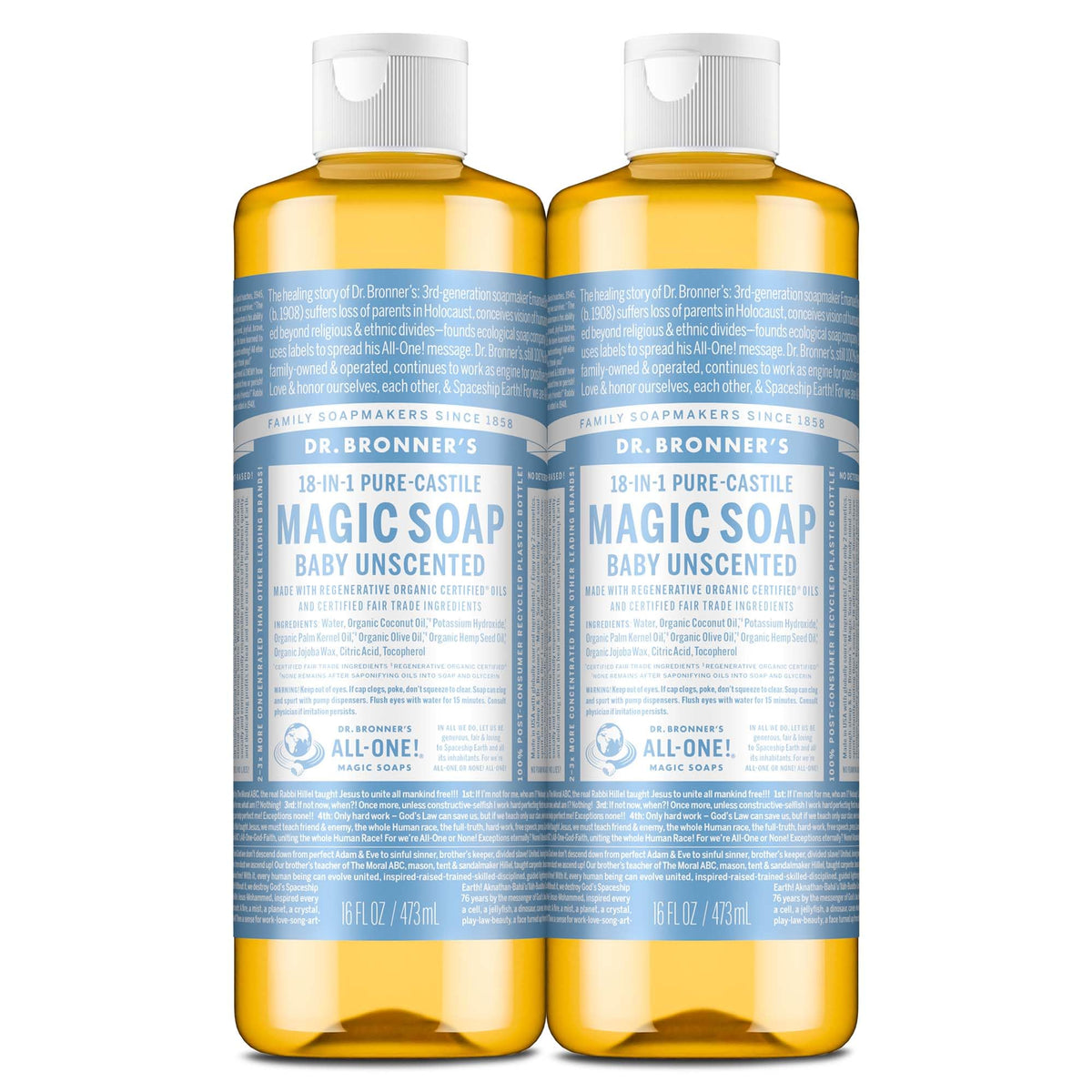 Dr. Bronner's bottle front packaging showing unscented label and size