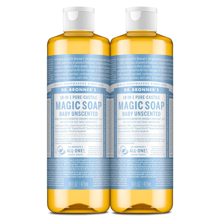 Dr. Bronner's bottle front packaging showing unscented label and size