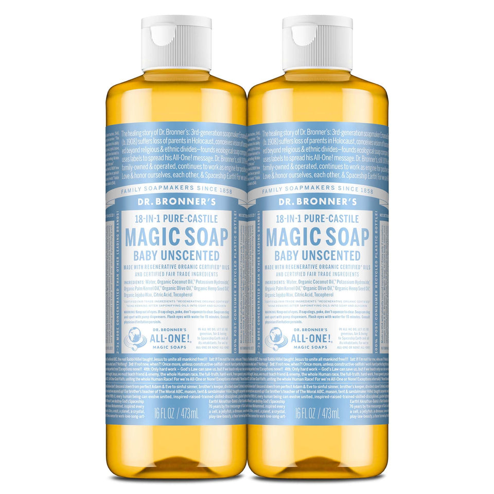 Dr. Bronner's bottle front packaging showing unscented label and size