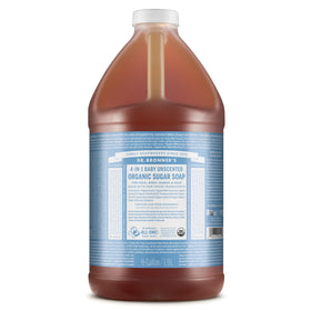 Dr. Bronner's unscented bottle front view showing size and simplicity benefits