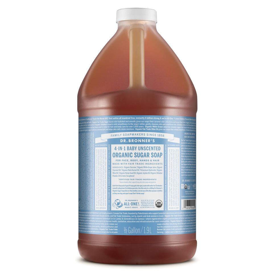 Dr. Bronner's unscented bottle front view showing size and simplicity benefits