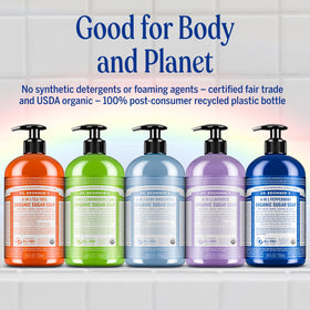 Dr. Bronner's bottle in bathroom setting highlighting multipurpose family use