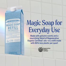 Dr. Bronner's soap pouring from carton into reusable bottle for less plastic