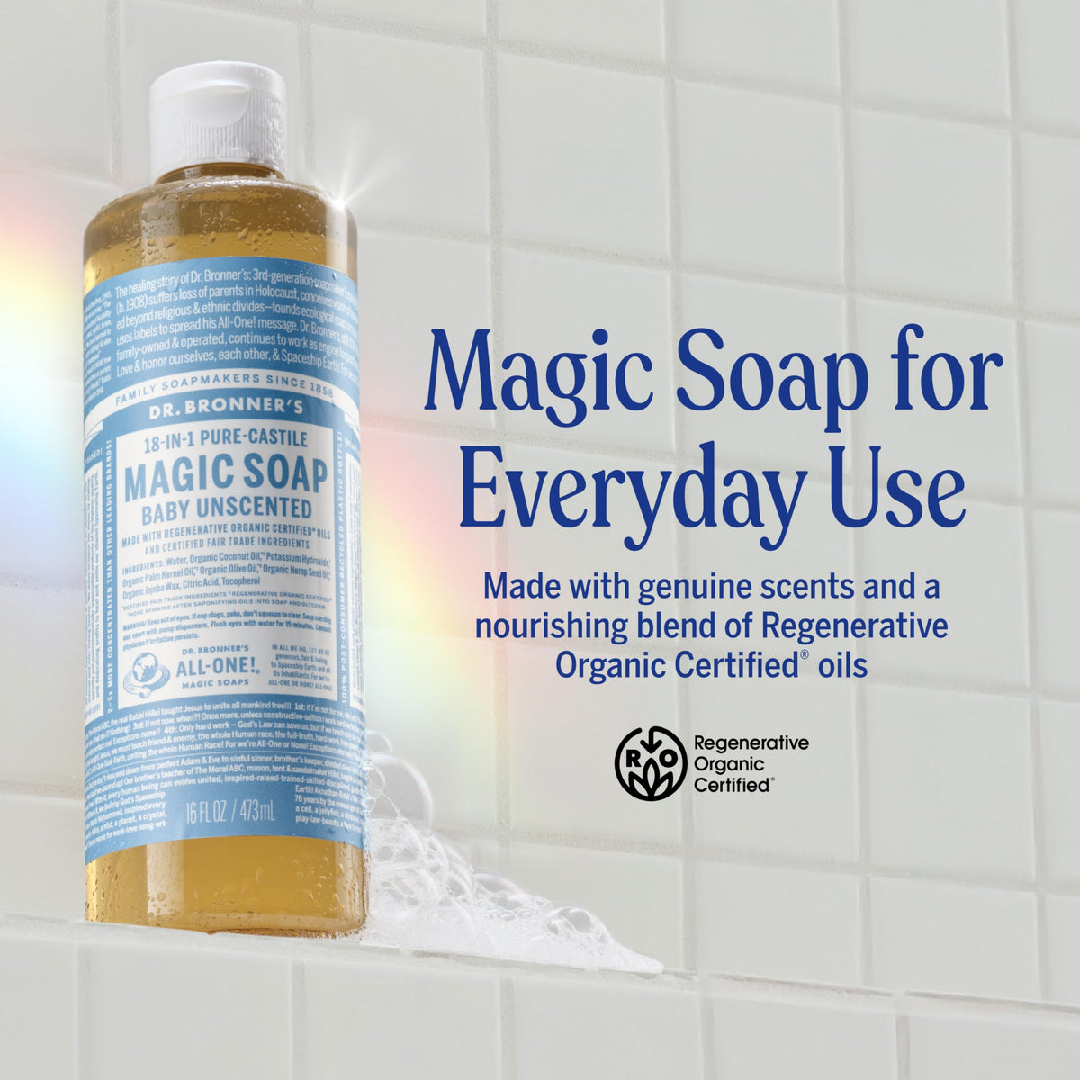 Dr. Bronner's pouring concentrated liquid soap illustrating controlled pour