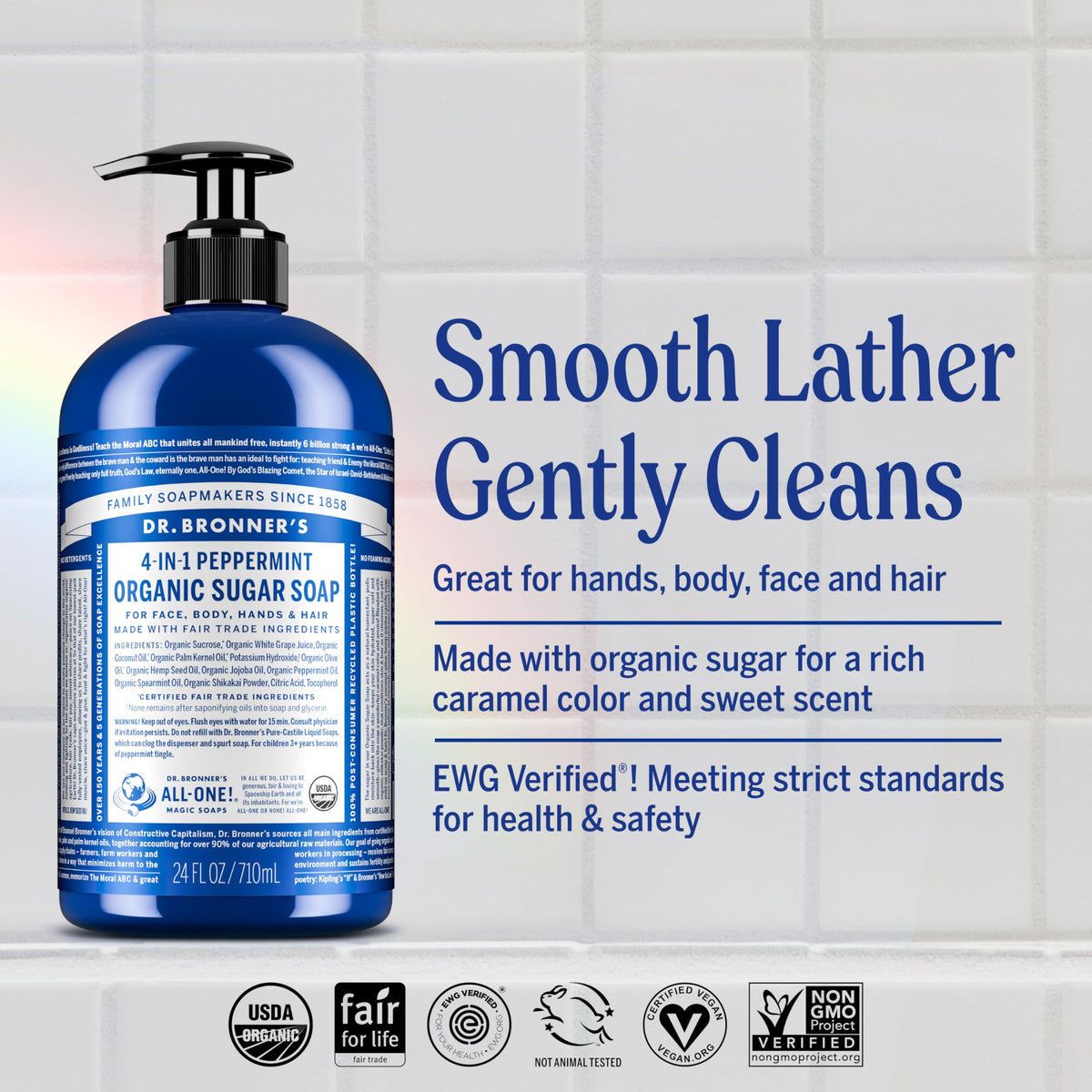 Dr. Bronner's back label with ingredients list and benefit of transparent sourcing
